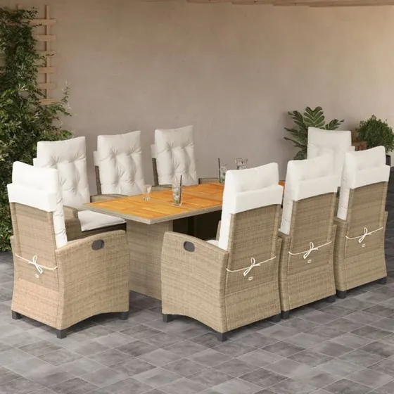 vidaXL havemøbelsæt 9 dele polyrattan beige med hynder