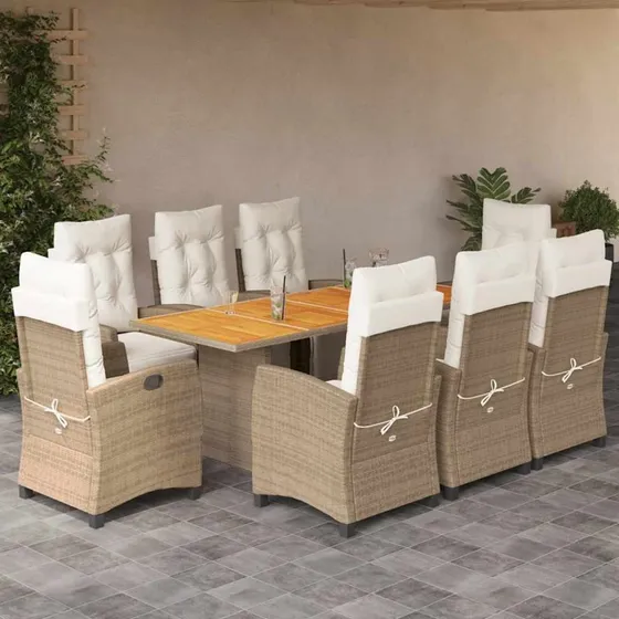 vidaXL Spisebordssæt til haven 9 dele polyrattan beige med hynder