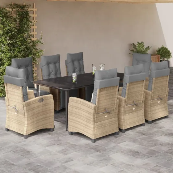 vidaXL Spisebordssæt til haven 9 dele polyrattan beige