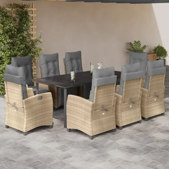 vidaXL spisebordssæt til haven 9 dele polyrattan beige