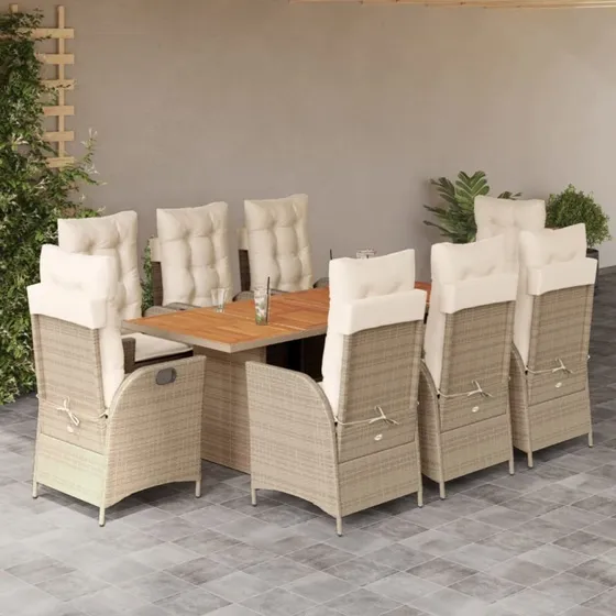 vidaXL spisebordssæt til haven 9 dele polyrattan beige