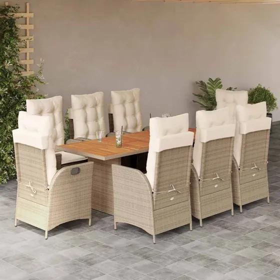 vidaXL spisebordssæt udendørs 9 dele polyrattan beige