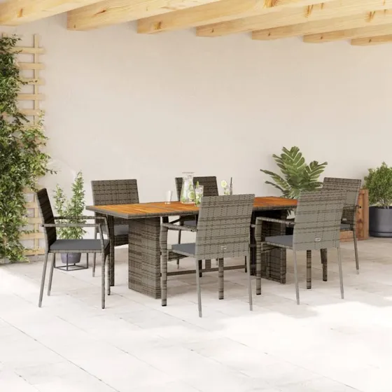 vidaXL 7-dele spisebordssæt i polyrattan med hynder, grå