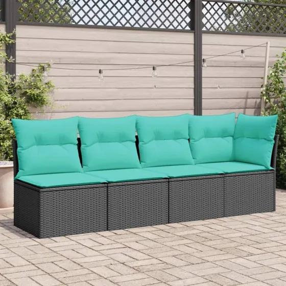 vidaXL 4-personers havesofa i sort polyrattan med hynder