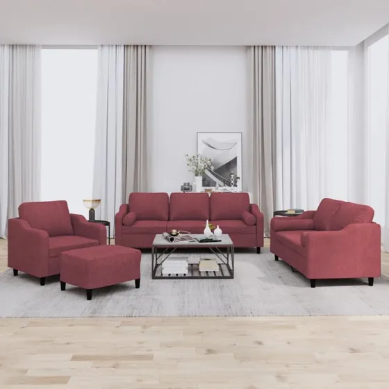vidaXL Sofasæt 4 dele i stof - Vinrød med puder