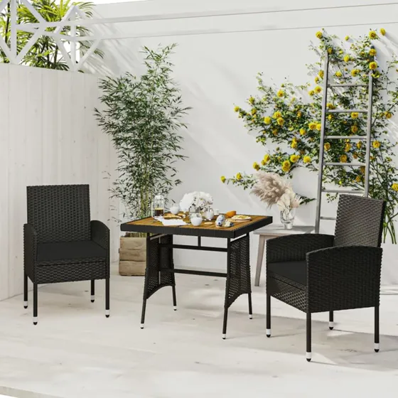vidaXL 3-dele spisebordssæt til haven i sort polyrattan