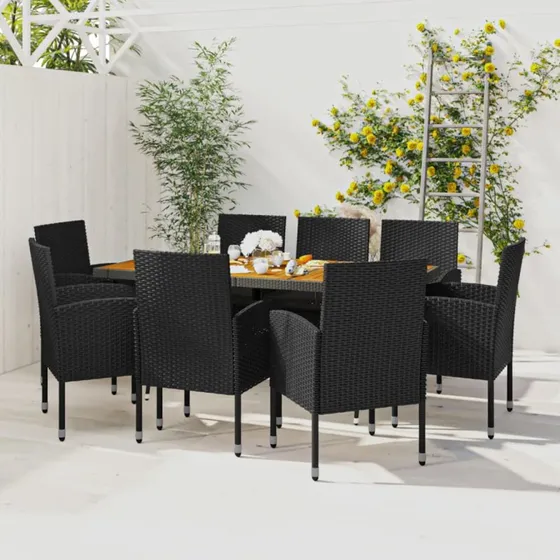 vidaXL havespisebordssæt 9 dele polyrattan sort