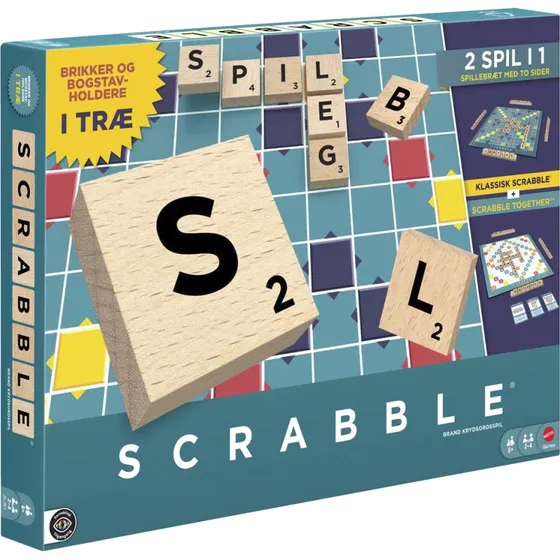 Mattel Scrabble Træudgave – 100 bøgetræsbrikker (8+)