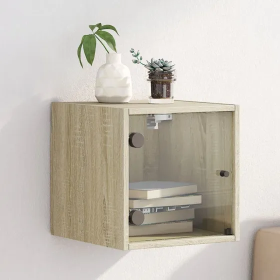 vidaXL væghængt sengebord med glaslåger 35x37x35 cm Sonoma-eg