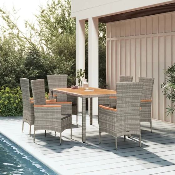 vidaXL Havemøbelsæt polyrattan 7 dele med hynder, grå (150 cm)