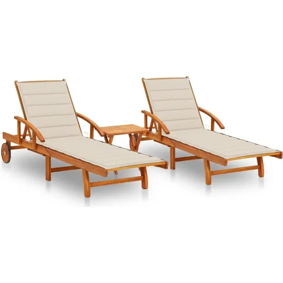 vidaXL 2 liggestole med bord og hynder, massivt akacietræ (beige)