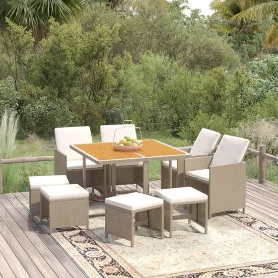 vidaXL spisebordssæt polyrattan 9 dele med hynder, beige