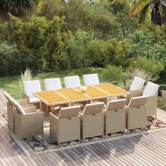 vidaXL spisebordssæt til haven 13 dele med hynder polyrattan beige