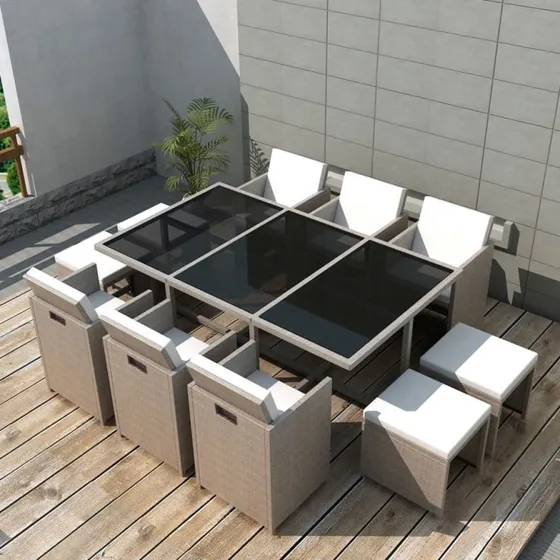 vidaXL udendørs spisebordssæt 11 dele polyrattan beige