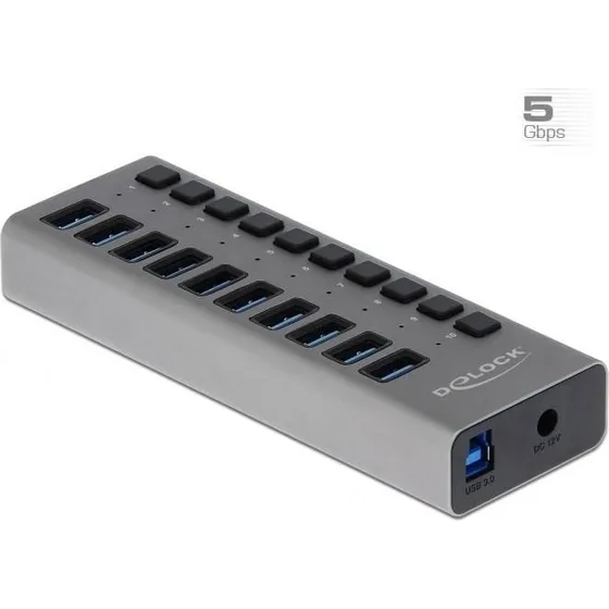DELOCK USB-hub 10 porte 5 Gbps med individuelle kontakter, grå