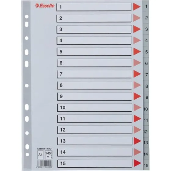 Esselte A4 register 1-15 grå, kraftig PP 15 faner (10 stk.)
