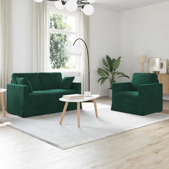 Mørkegrøn 2-Personers Sofa Sæt i Fløjl (138x78x80 cm)