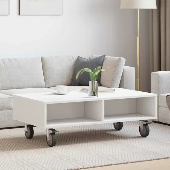 Sidebord med hjul 90x50x30 cm – Hvid, konstrueret træ