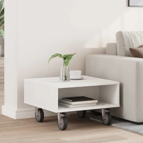 Sidebord med hjul, hvid 50x50x30 cm – konstrueret træ