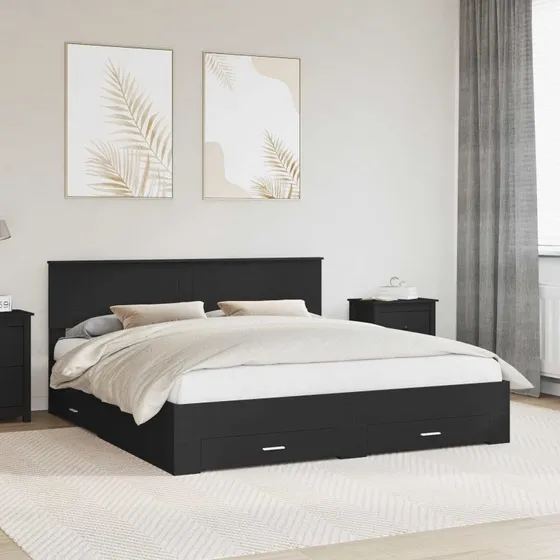 Sengestel med skuffe 200x200 cm – Sort/Sølv