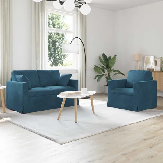 2-personers sofa sæt i blå velour 138x78x80 cm
