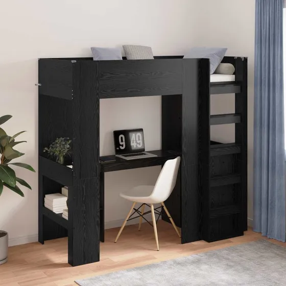 Loft-seng med skrivebord, sort eg (75x190/100x200)