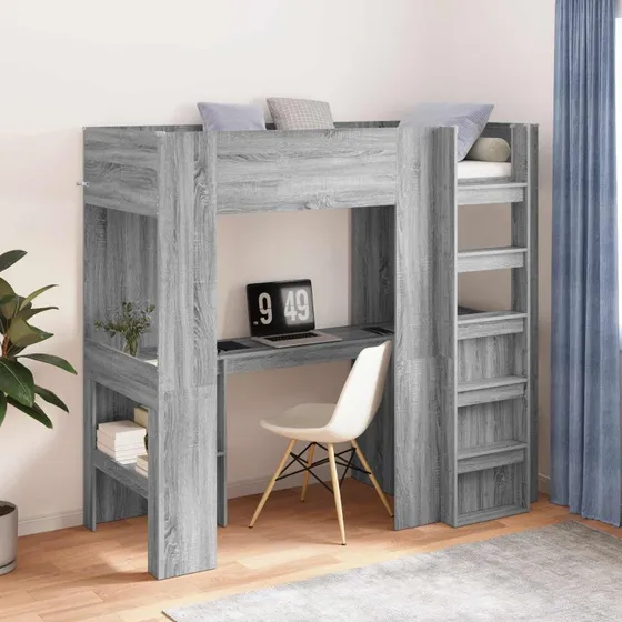 Loft seng med skrivebord, Grå Sonoma – 75x190/100x200