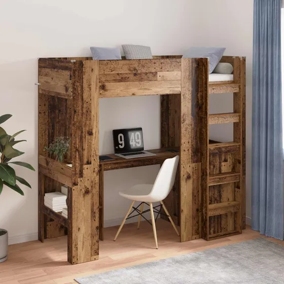Loftseng med skrivebord i gammelt træ – pladsbesparende
