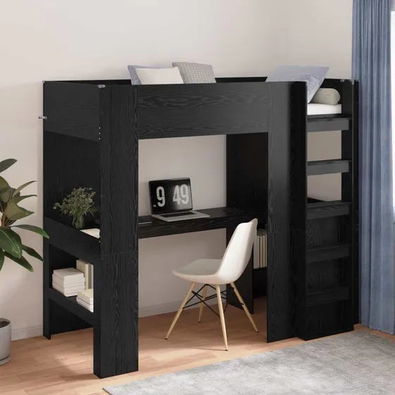 Loft seng med skrivebord i sort eg – pladsbesparende 90x190/100x200