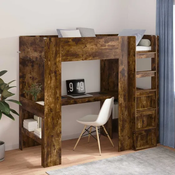Loftseng med skrivebord, røget eg – 90x190/100x200