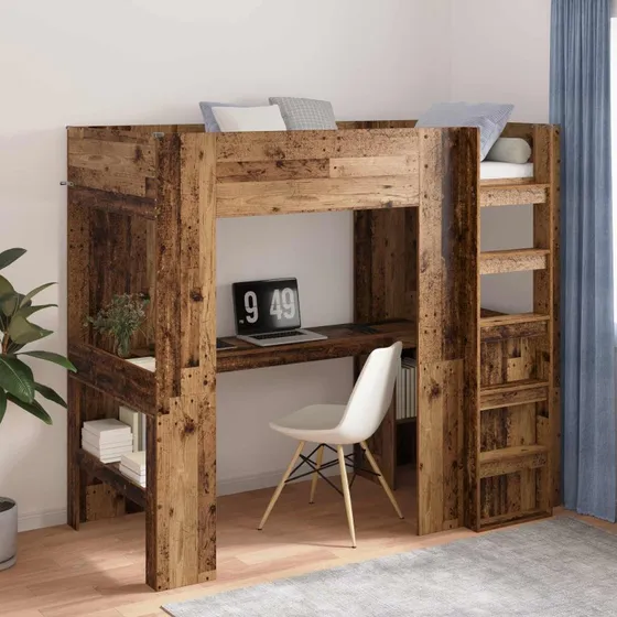 Loft-seng med skrivebord i genbrugstræ 80/100x200 cm