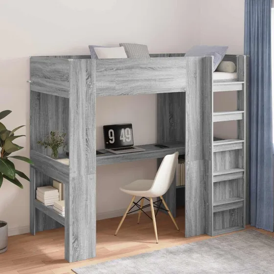 Loftseng med skrivebord Grå Sonoma 90/100x200