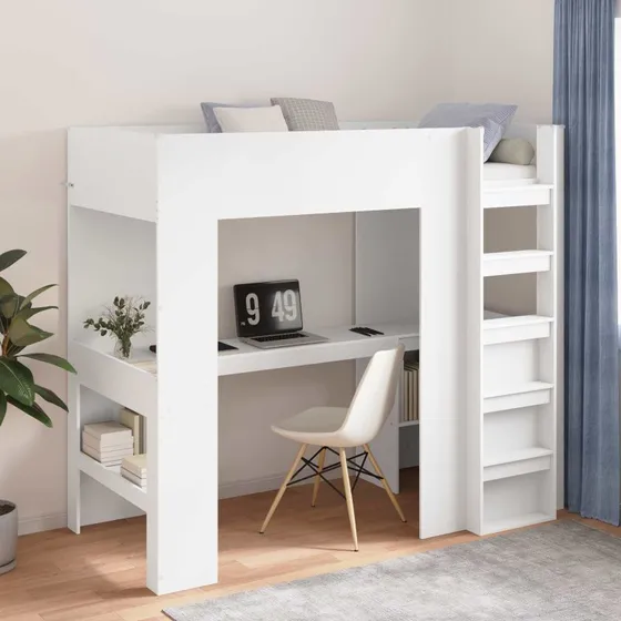 Loftseng med skrivebord 100x200 cm – hvid konstrueret træ