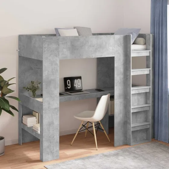 Loft seng med skrivebord og opbevaring 100x200 cm - Betongrå