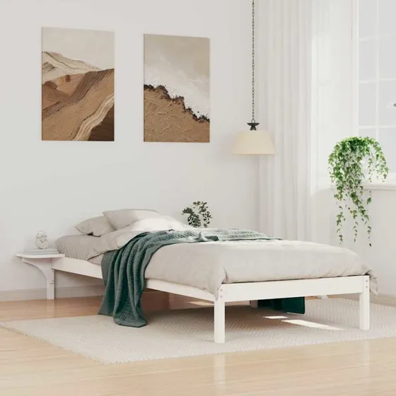 Sengestel med indbyggede sideborde 100x210 cm – Hvid fyrretræ