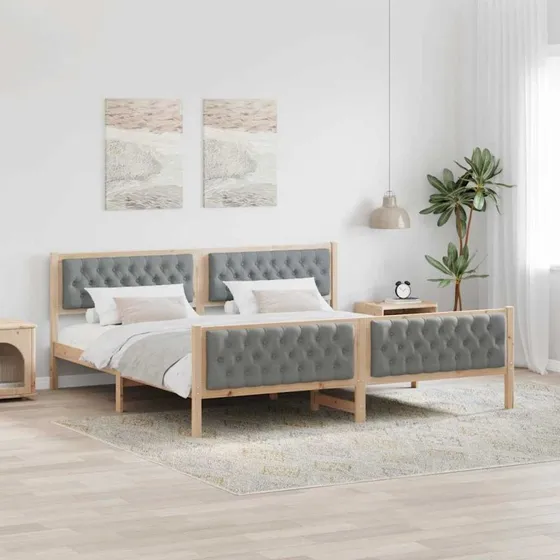 Sengestel 200x200 cm med polstret hovedgærde - Lysegrå fyrretræ