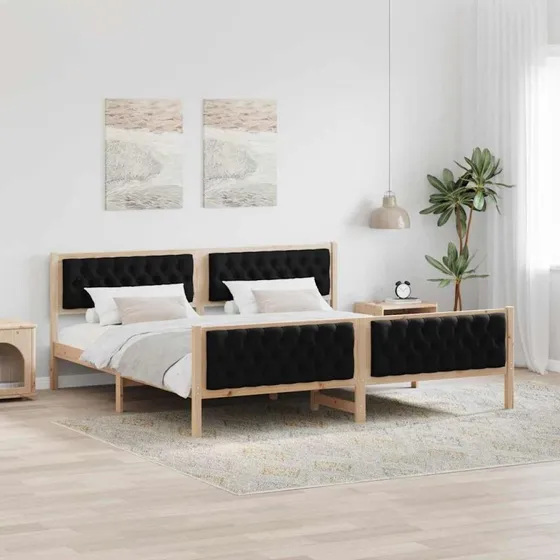 Sengestel 200x200 cm i massivt fyrretræ med hovedgærde – sort