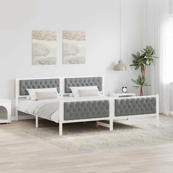 Sengestel 200x200 cm med polstret hovedgærde, massivt fyr