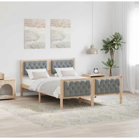 Sengestel 140x190 cm med hovedgærde, lysegrå – massiv fyrretræ