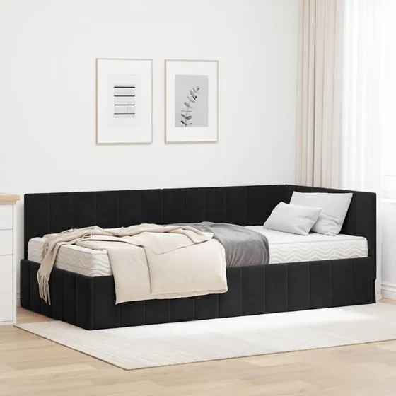 Hjørnesengramme med madras 90x190 cm – Sort fløjl