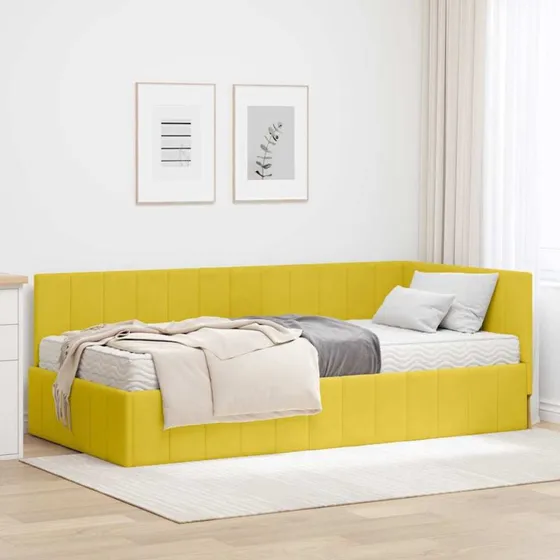 Hjørneseng med madras 90x200 cm i gul fløjl