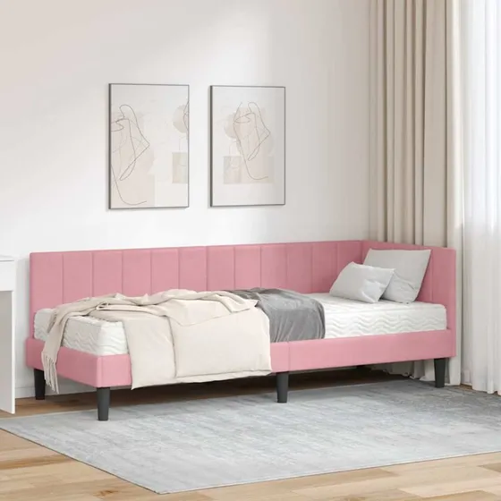 Hjørnesengramme med madras 80x200 cm - Lyserød fløjl