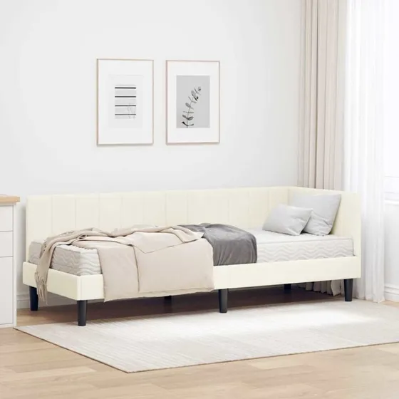 Hjørneseng i creme fløjl med madras 80x200 cm
