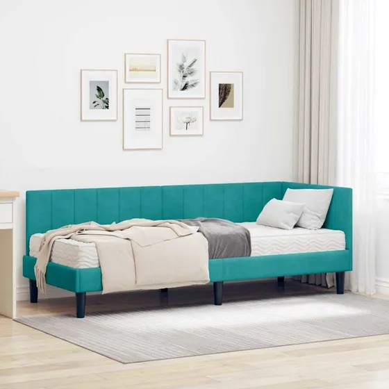 Hjørneseng 80x200 cm i turkis fløjl med madras