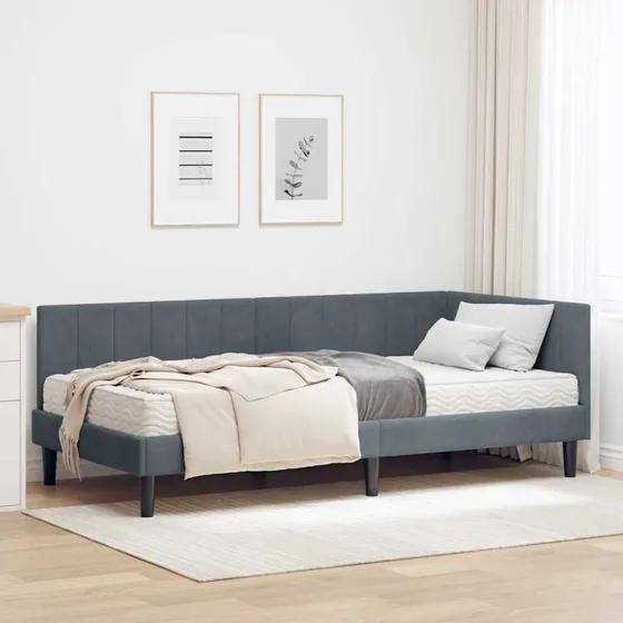 Hjørneseng 90x190 cm i mørkegrå fløjl med madras