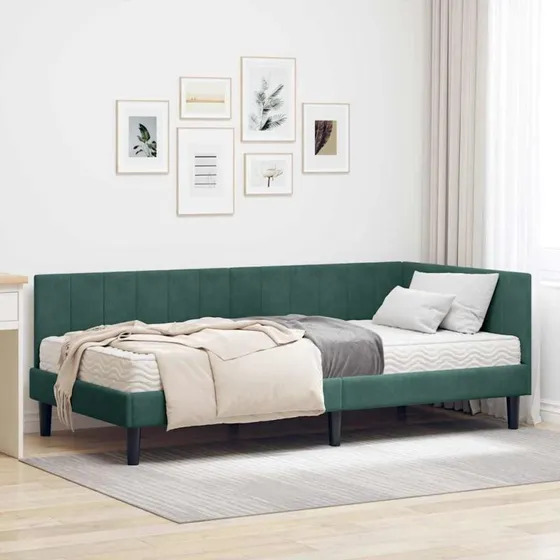 Hjørneseng med madras 90x190 cm - Mørkegrøn fløjl