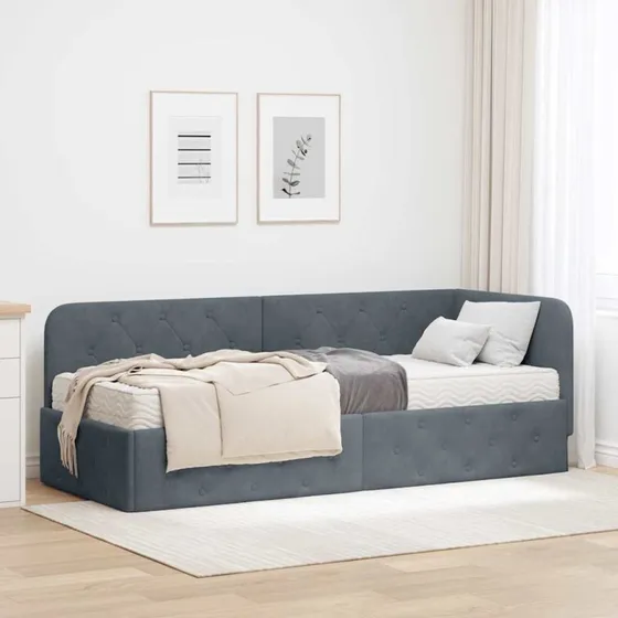 Hjørnesengramme L-formet Fløjl Mørkegrå 80x200 cm