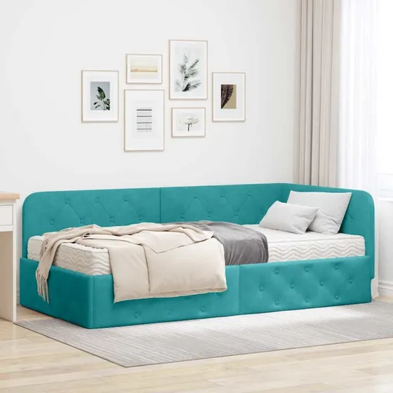 Hjørnesengramme i fløjl 90x190 cm – Turkis L-formet