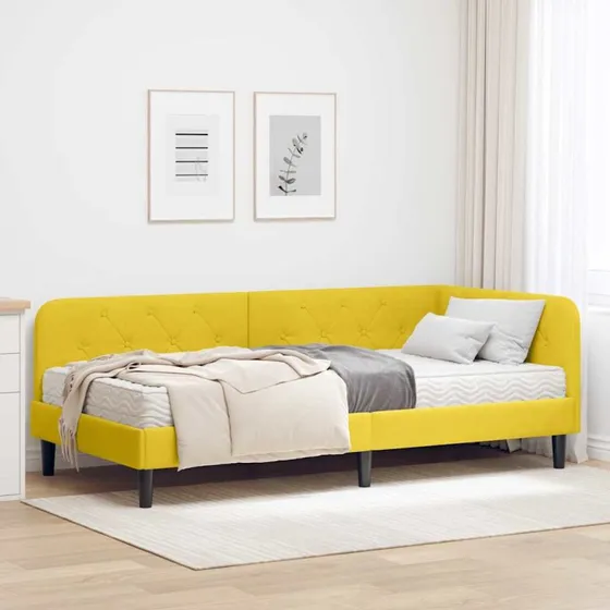Hjørneseng 90x190 cm i gul fløjl - L-formet ramme