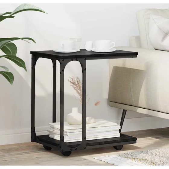 Sidebord C-formet med hylde & hjul, sort eg 50x35x55,5 cm